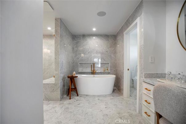 Bathroom, Free Standing Baths, Interior, Marble, Marble Walls, Recessed Lighting