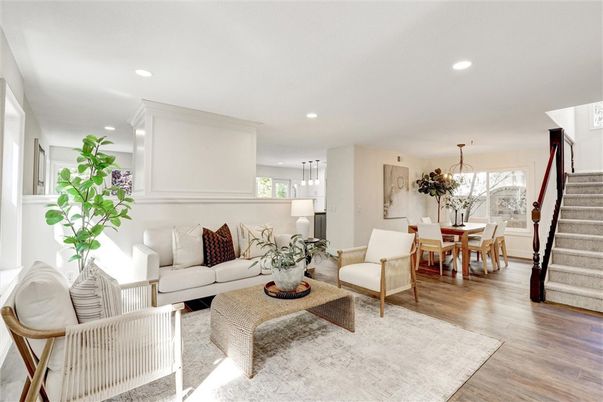Dining room, Interior, Living room, Pendant Lights, Recessed Lighting, Wood Texture Flooring