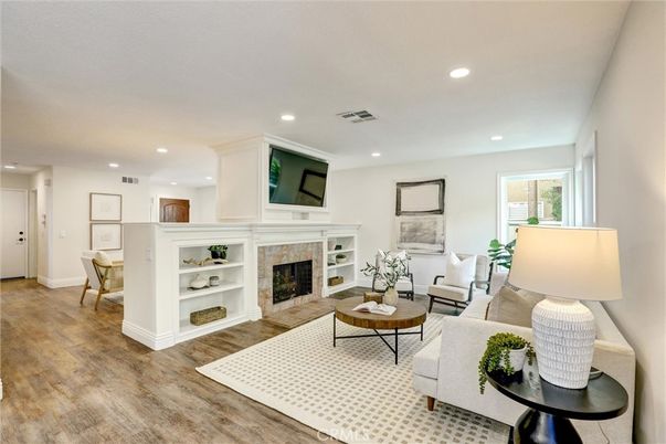Fireplace, Interior, Living room, Recessed Lighting, Wood Texture Flooring