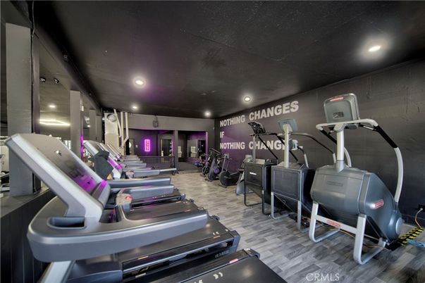 Fitness Equipment, Gym, Interior, Recessed Lighting, Wood Texture Flooring