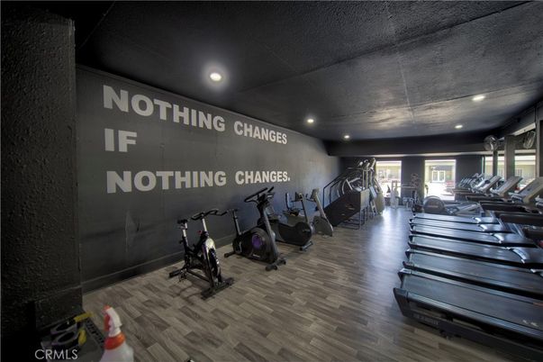 Fitness Equipment, Gym, Interior, Recessed Lighting, Wood Texture Flooring