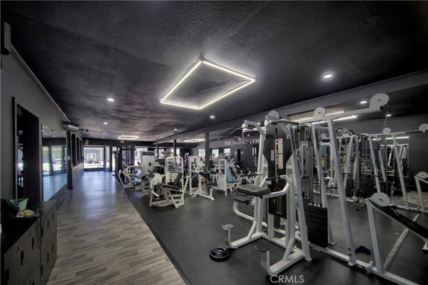 Fitness Equipment, Gym, Interior, Recessed Lighting, Wood Texture Flooring