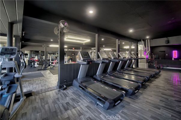 Fitness Equipment, Gym, Interior, Recessed Lighting, Wood Texture Flooring