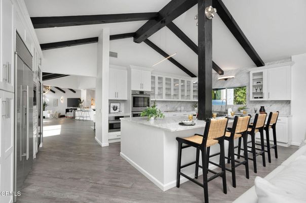 Interior, Kitchen, Pendant Lights, Stainless Steel Appliances, Wooden Beams, Wood Texture Flooring