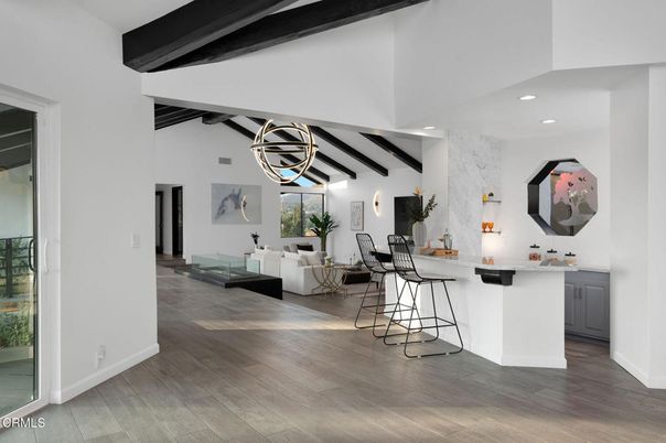 Interior, Living room, Pendant Lights, Recessed Lighting, Wooden Beams, Wood Texture Flooring