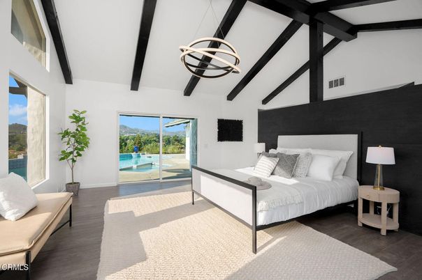 Bedroom, Interior, Pendant Lights, Wooden Beams, Wood Texture Flooring