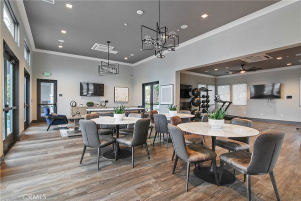 Dining room, Fireplace, Interior, Pendant Lights, Recessed Lighting, Wood Texture Flooring