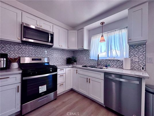 Interior, Kitchen, Pendant Lights, Stainless Steel Appliances, Wood Texture Flooring