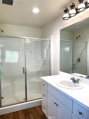 Bathroom, Glass Shower, Interior, Recessed Lighting, Wood Texture Flooring