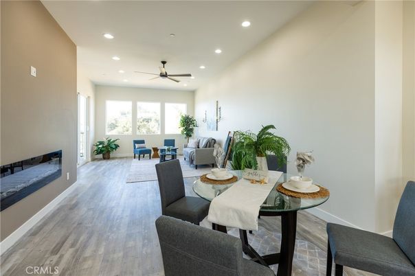 Dining room, Interior, Living room, Recessed Lighting, Wood Texture Flooring