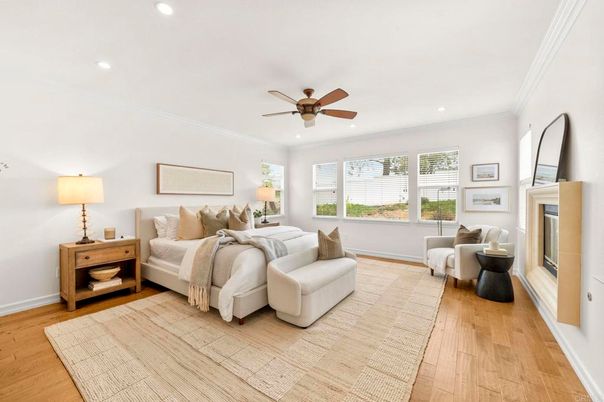 Bedroom, Fireplace, Interior, Recessed Lighting, Wood Texture Flooring