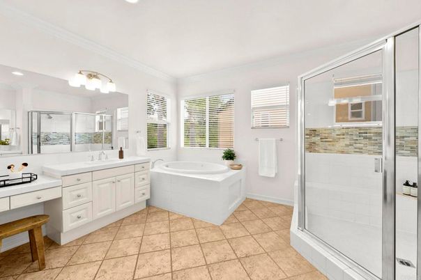 Bathroom, Dual Sink Vanities, Glass Shower, Interior, Recessed Lighting