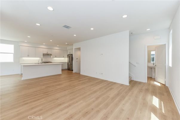 Empty room, Interior, Kitchen, Recessed Lighting, Wood Texture Flooring