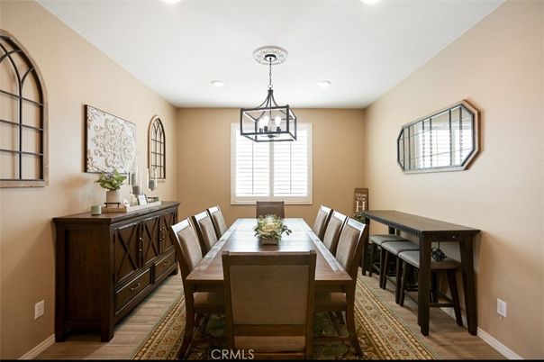 Dining room, Interior, Pendant Lights, Recessed Lighting, Wood Texture Flooring