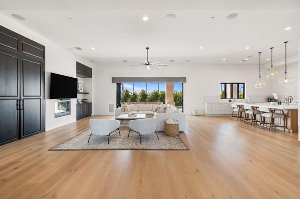 Interior, Living room, Pendant Lights, Recessed Lighting, Wood Texture Flooring