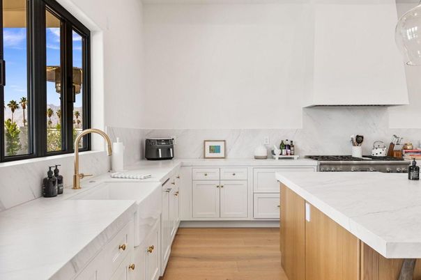Interior, Kitchen, Marble Walls, Stainless Steel Appliances, Wood Texture Flooring