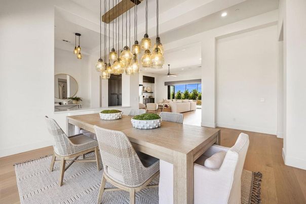 Dining room, Interior, Living room, Pendant Lights, Recessed Lighting, Wood Texture Flooring