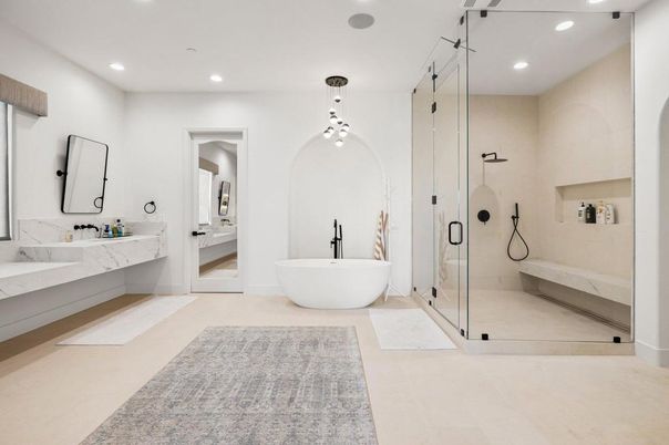Bathroom, Dual Sink Vanities, Free Standing Baths, Glass Shower, Interior, Pendant Lights, Recessed Lighting