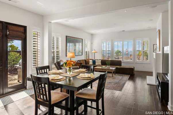 Dining room, Interior, Living room, Recessed Lighting, Wood Texture Flooring
