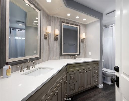 Bathroom, Dual Sink Vanities, Interior, Recessed Lighting, Wood Texture Flooring