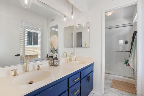Bathroom, Dual Sink Vanities, Glass Shower, Interior, Marble, Pendant Lights