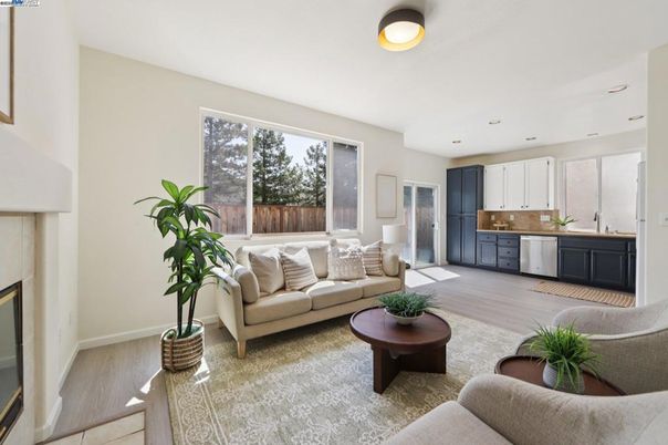 Fireplace, Interior, Kitchen, Living room, Recessed Lighting, Wood Texture Flooring