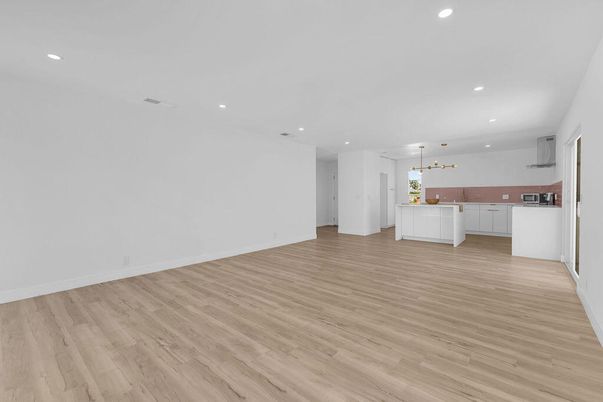 Empty room, Interior, Kitchen, Pendant Lights, Recessed Lighting, Wood Texture Flooring