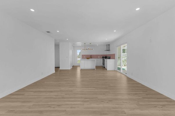 Empty room, Interior, Kitchen, Pendant Lights, Recessed Lighting, Wood Texture Flooring