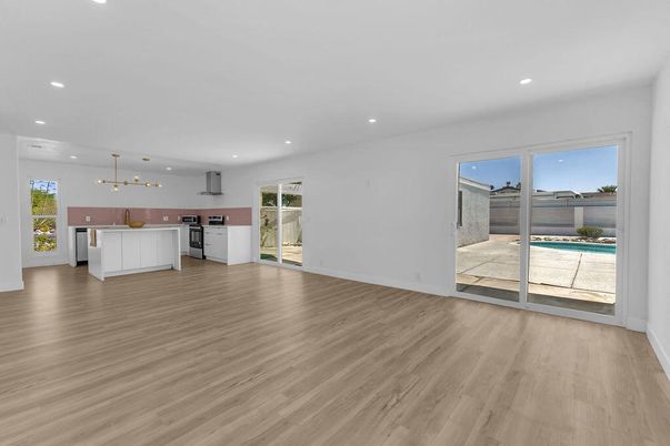 Empty room, Interior, Kitchen, Pendant Lights, Recessed Lighting, Wood Texture Flooring