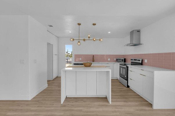 Interior, Kitchen, Pendant Lights, Recessed Lighting, Stainless Steel Appliances, Wood Texture Flooring