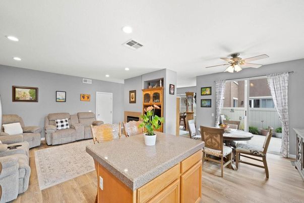 Dining room, Interior, Living room, Recessed Lighting, Wood Texture Flooring