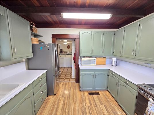 Interior, Kitchen, Tile Countertops, Wooden Beams, Wooden Ceilings, Wood Texture Flooring