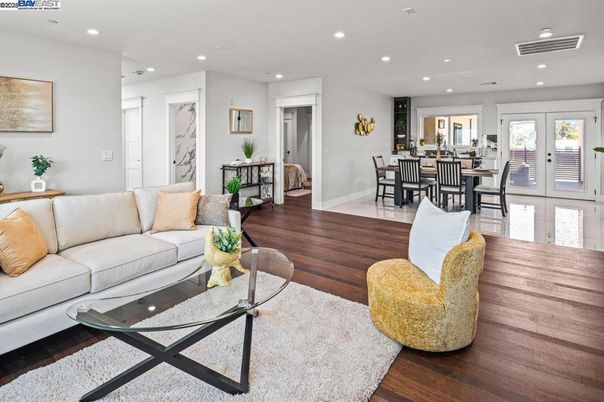 Dining room, Interior, Living room, Recessed Lighting, Wood Texture Flooring