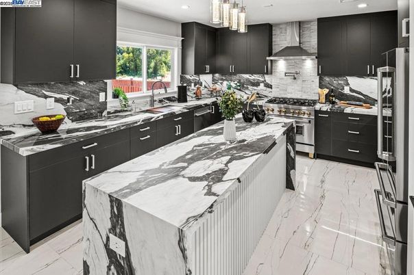 Interior, Kitchen, Marble, Pendant Lights, Recessed Lighting, Stainless Steel Appliances