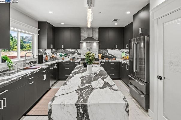 Interior, Kitchen, Marble, Pendant Lights, Recessed Lighting, Stainless Steel Appliances