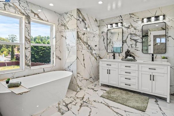 Bathroom, Dual Sink Vanities, Free Standing Baths, Interior, Marble, Marble Walls, Recessed Lighting