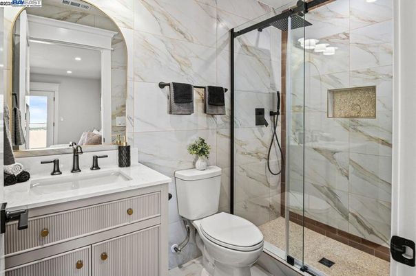 Bathroom, Glass Shower, Interior, Marble Walls, Recessed Lighting