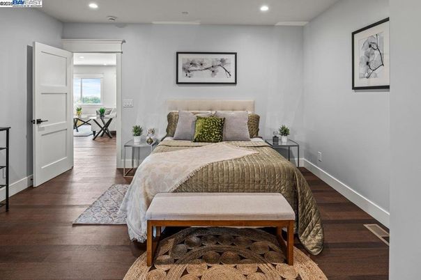 Bedroom, Interior, Recessed Lighting, Wood Texture Flooring