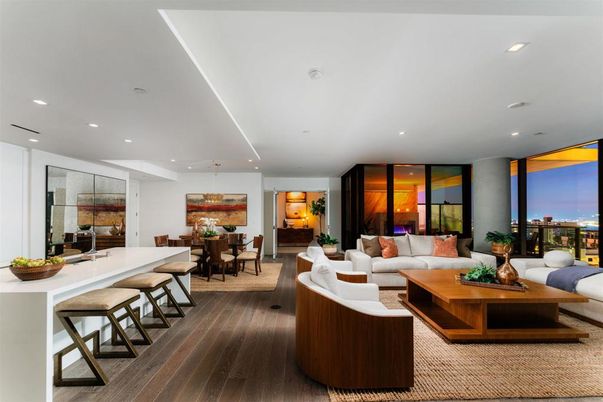 Dining room, Interior, Living room, Pendant Lights, Recessed Lighting, Wood Texture Flooring