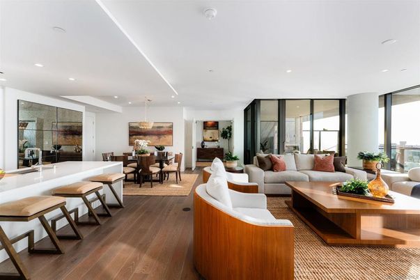 Dining room, Interior, Living room, Pendant Lights, Recessed Lighting, Wood Texture Flooring