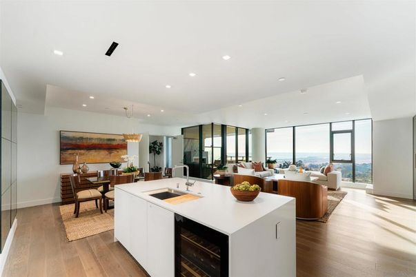 Chandelier, Dining room, Interior, Kitchen, Living room, Pendant Lights, Recessed Lighting, Water, Wood Texture Flooring