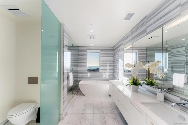 Bathroom, Dual Sink Vanities, Free Standing Baths, Glass Shower, Interior, Marble, Recessed Lighting, Water