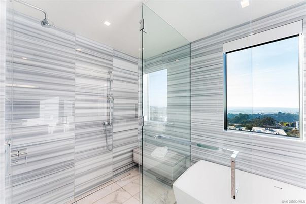 Bathroom, Glass Shower, Interior, Marble, Recessed Lighting, Water