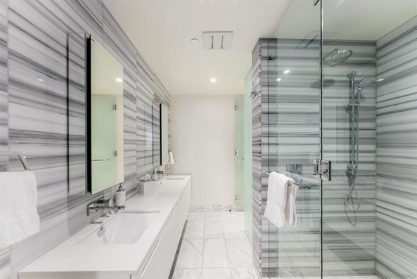 Bathroom, Dual Sink Vanities, Glass Shower, Interior, Marble, Recessed Lighting