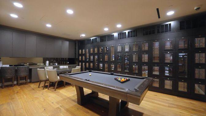 Billiard Table, Game Room, Interior, Recessed Lighting, Wine Storage, Wood Texture Flooring