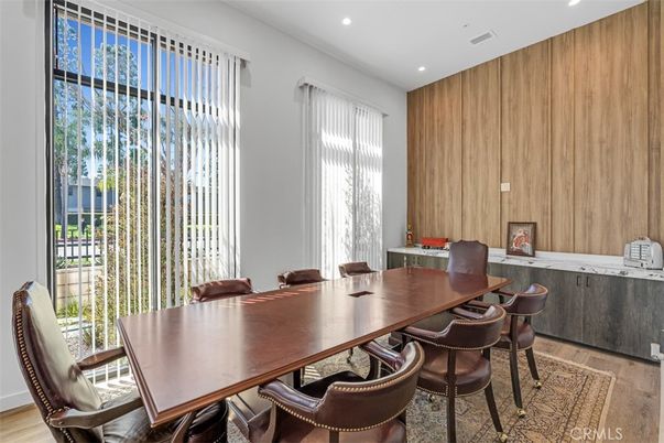 Dining room, Interior, Recessed Lighting, Wood Texture Flooring, Wooden Walls