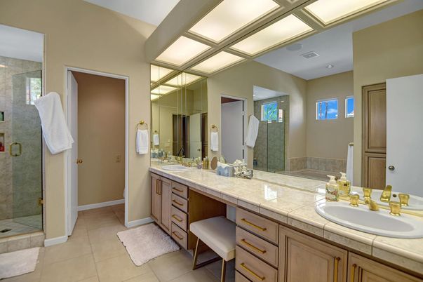 Bathroom, Dual Sink Vanities, Glass Shower, Interior, Recessed Lighting, Tile Countertops