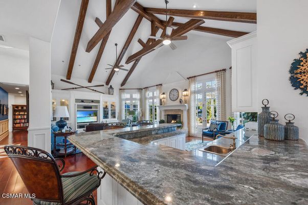 Fireplace, Interior, Living room, Recessed Lighting, Wooden Beams