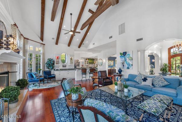 Fireplace, Interior, Kitchen, Living room, Recessed Lighting, Wooden Beams, Wood Texture Flooring