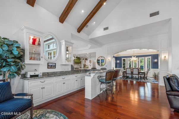 Chandelier, Dining room, Interior, Pendant Lights, Recessed Lighting, Wooden Beams, Wood Texture Flooring